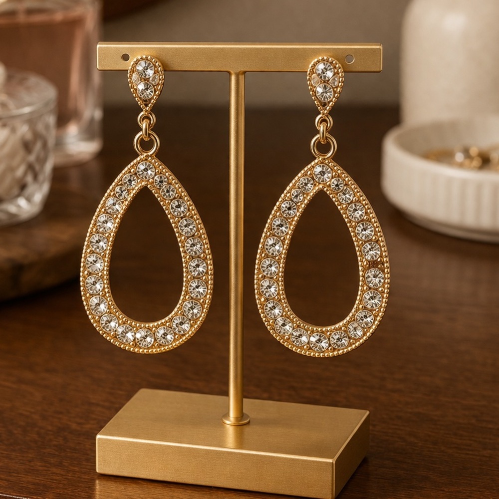 Gold Rhinestone Teardrop Dangle Earrings